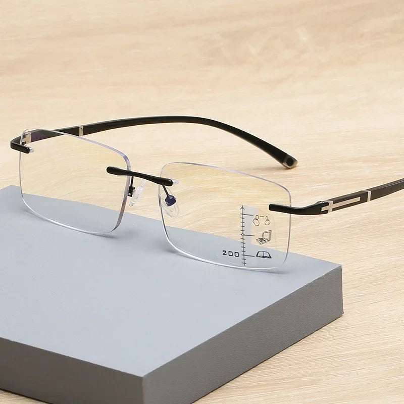Rimless Photochromism Progressive Multifocal Reading Glasses Men Business Presbyopic Glasses Blue Light Computer Grade Glasses
