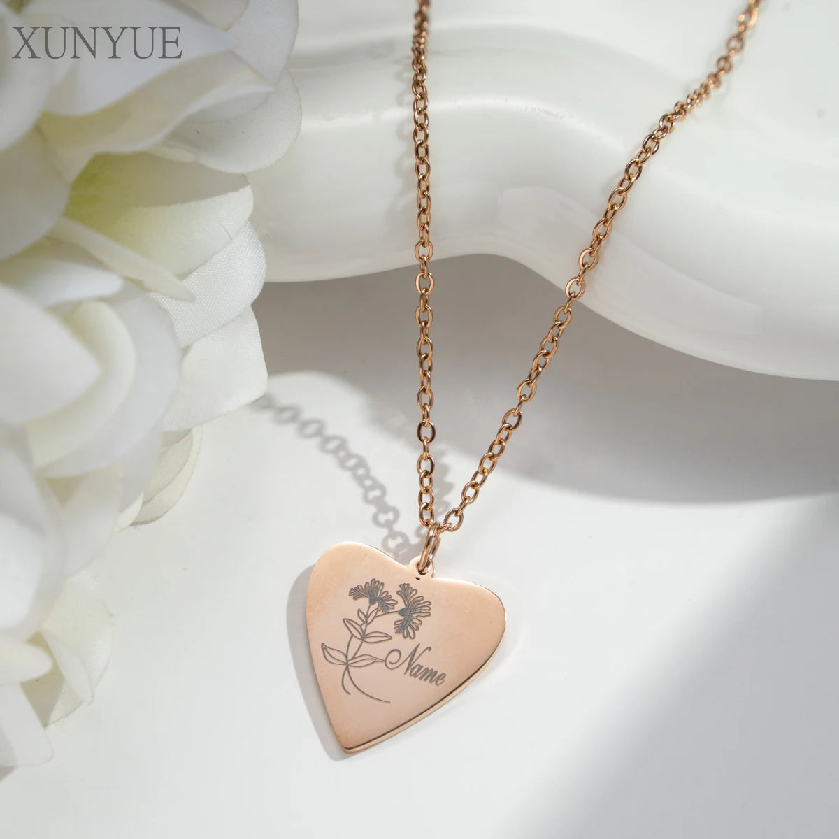 Customized  Heart Stainless Steel Necklace Creative DIY Engraving Name  Birthday Month Flower Pendant Personalized Accessories
