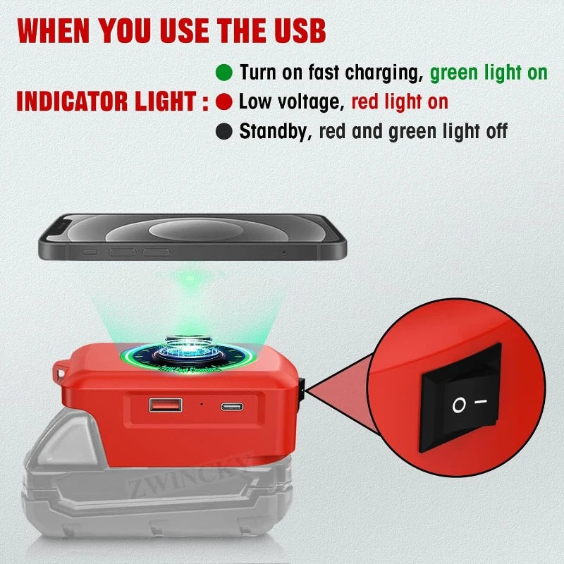Wireless Charger Adapter for Milwaukee 18V Battery 15W Wireless Charging Adapter for Cell Phone with USB USB-C 2.1A Fast Charge