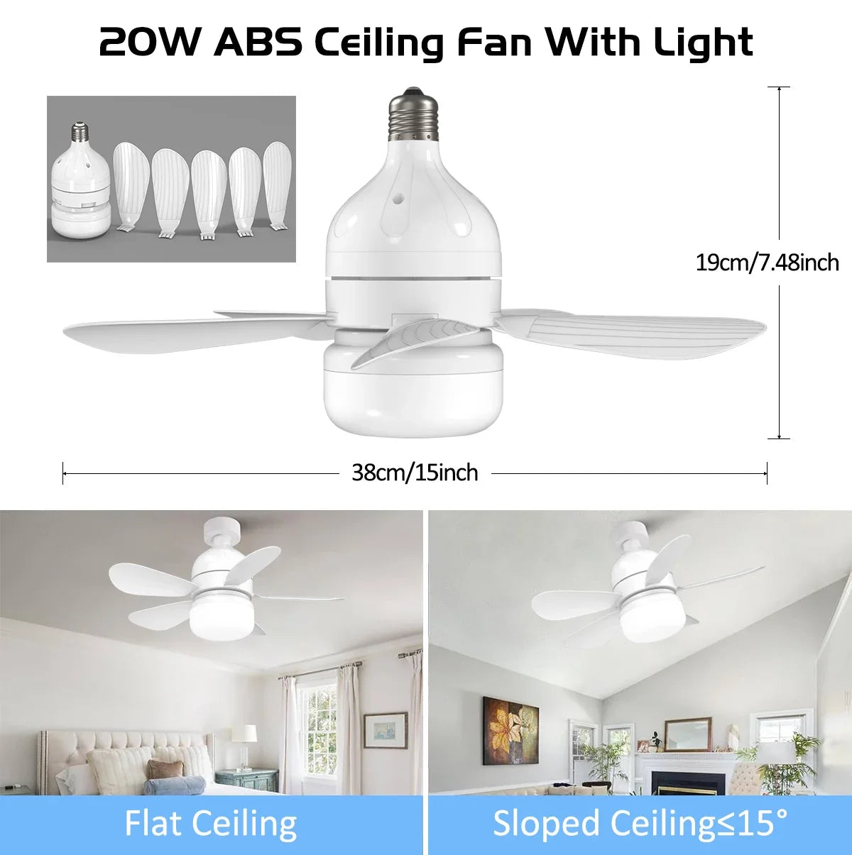 Indoor Fan Light Bulb Dimmable LED Ceiling Fans with Lights Remote Adjustable Color and Brightness Fan for Kitchen Bedroom