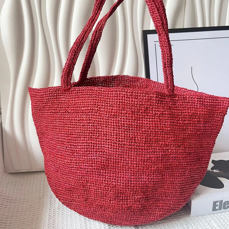 Summer Handmade Raffia Woven Bag, Women's Simple Fashion Shoulder Tote, Beach Vacation Straw Purse,Casual Lightweight for Travel