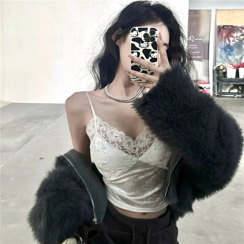 Lace Patchwork Velvet Csole Women's ort Sle Inner Wear Pad Included Slim Fit Base irt Top for Autumn Winter