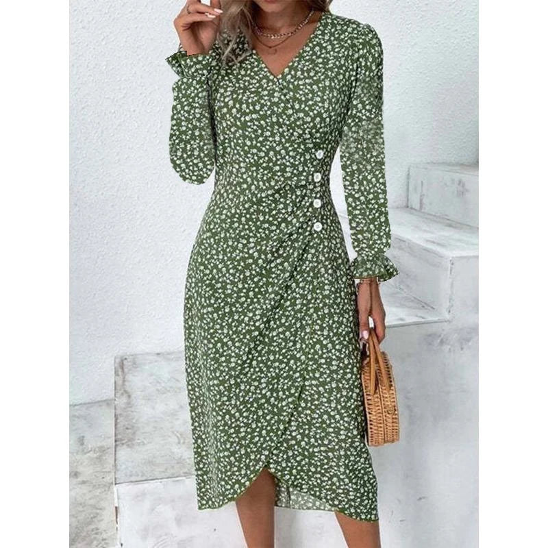 Elegant Floral Pleated H shaped Midi Dress Female V Neck Puff Sleeve Waist Ruched Button Dresses Women Summer Dress Robe