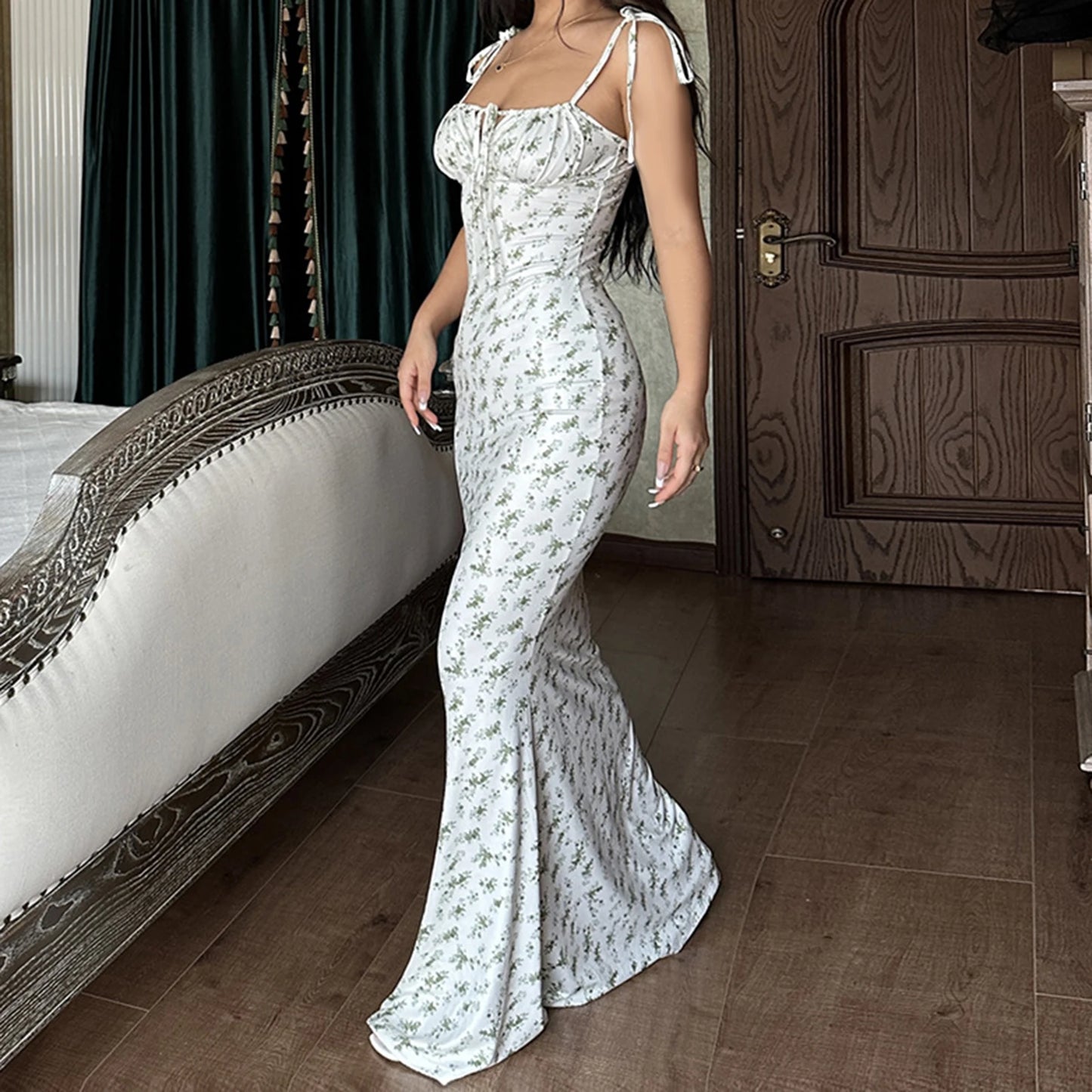 2025 Summer Floral Midi Dress Women Spaghetti Strap Tie-up V-neck Split Dress Sexy Vintage Elegant Dresses Female