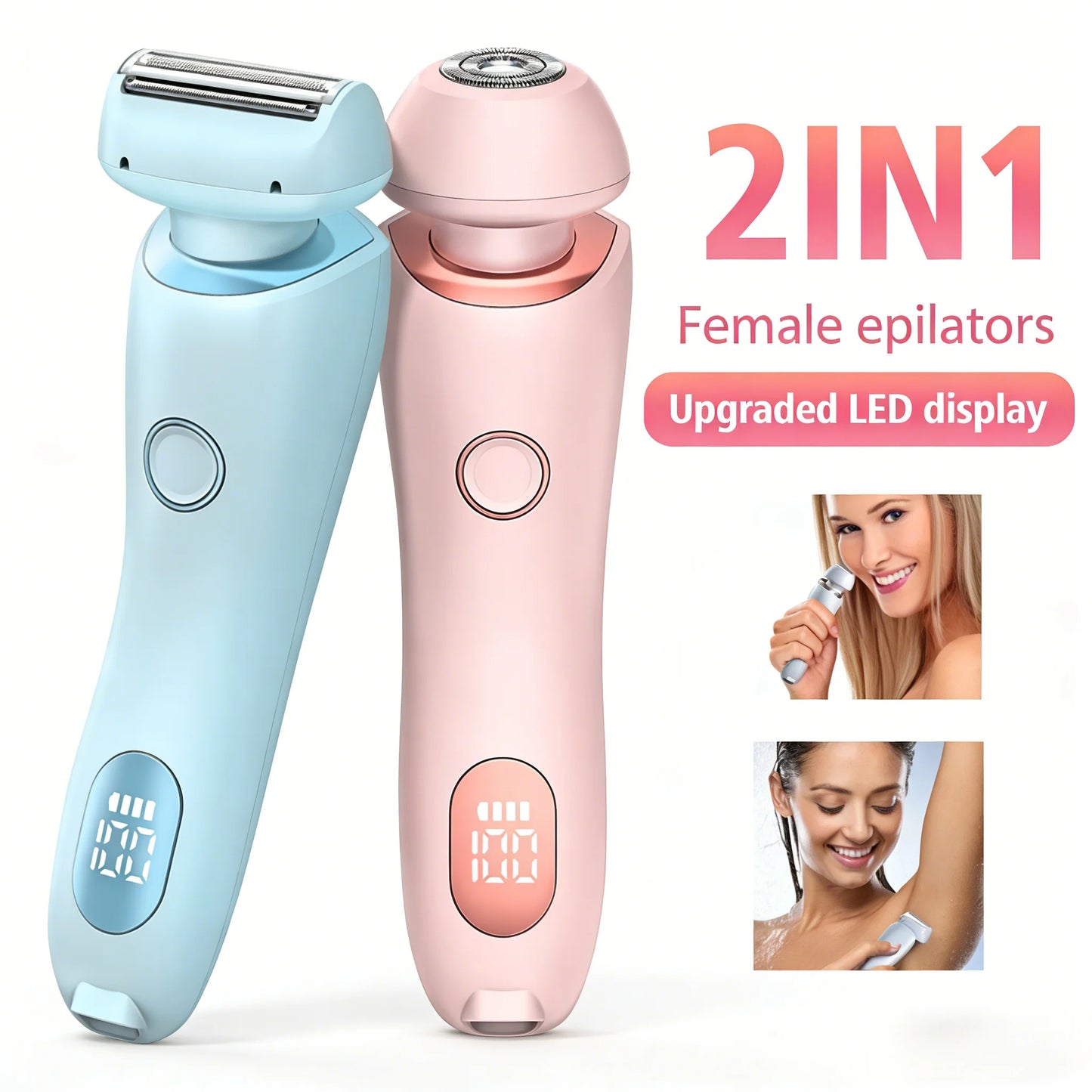 2 in 1 Lady Hair Removal Device Electric Shaver & Bikini Trimmer IPX7 Waterproof Face & Body Hair Remover for Legs Underarms