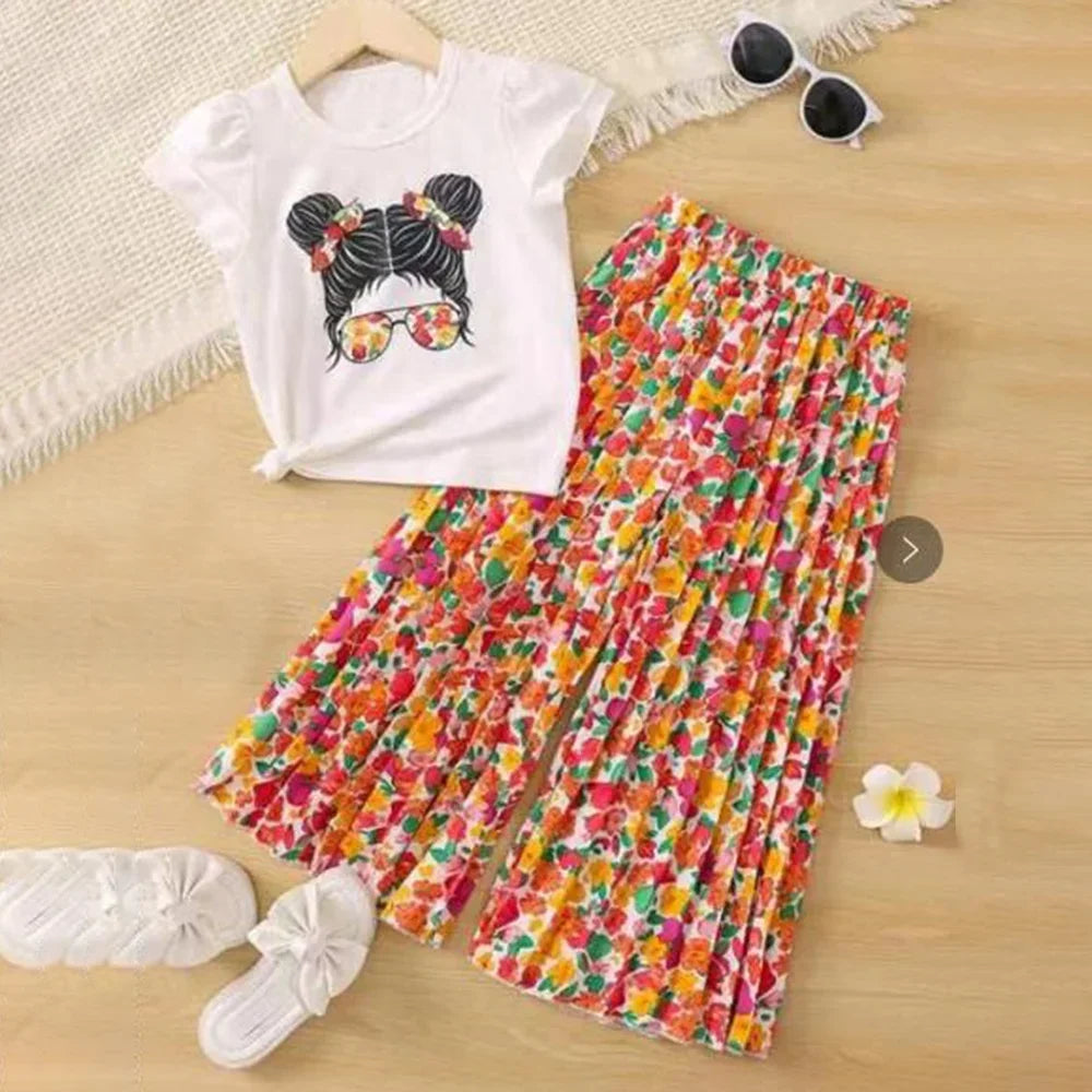 Cartoon Avatar with Short Sleeves and Wide Leg Pants 2pcs Set 2-7 Years Old Baby Girl's Casual Clothing Set Summer