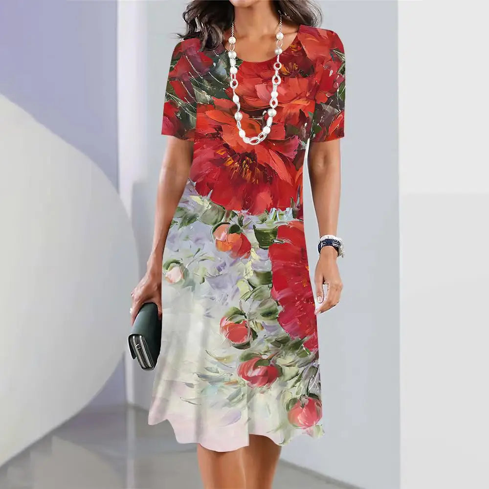 2024 New Spring Women's Dresses Floral Printed Elegant Casual Short Sleeve Dresses Fashion Oversized Women's Dresses