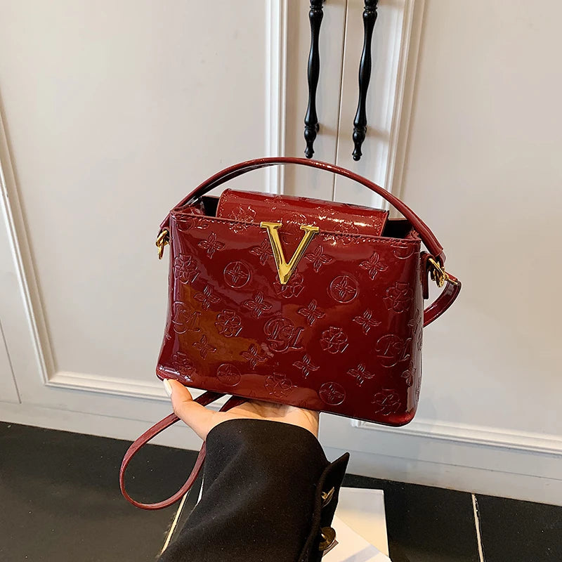 Elegant Trendy Smooth Shiny PU Solid Color Women Shoulder Bag Pattern Print Deco Handbag Crossbody Bag for Outings Party Travel