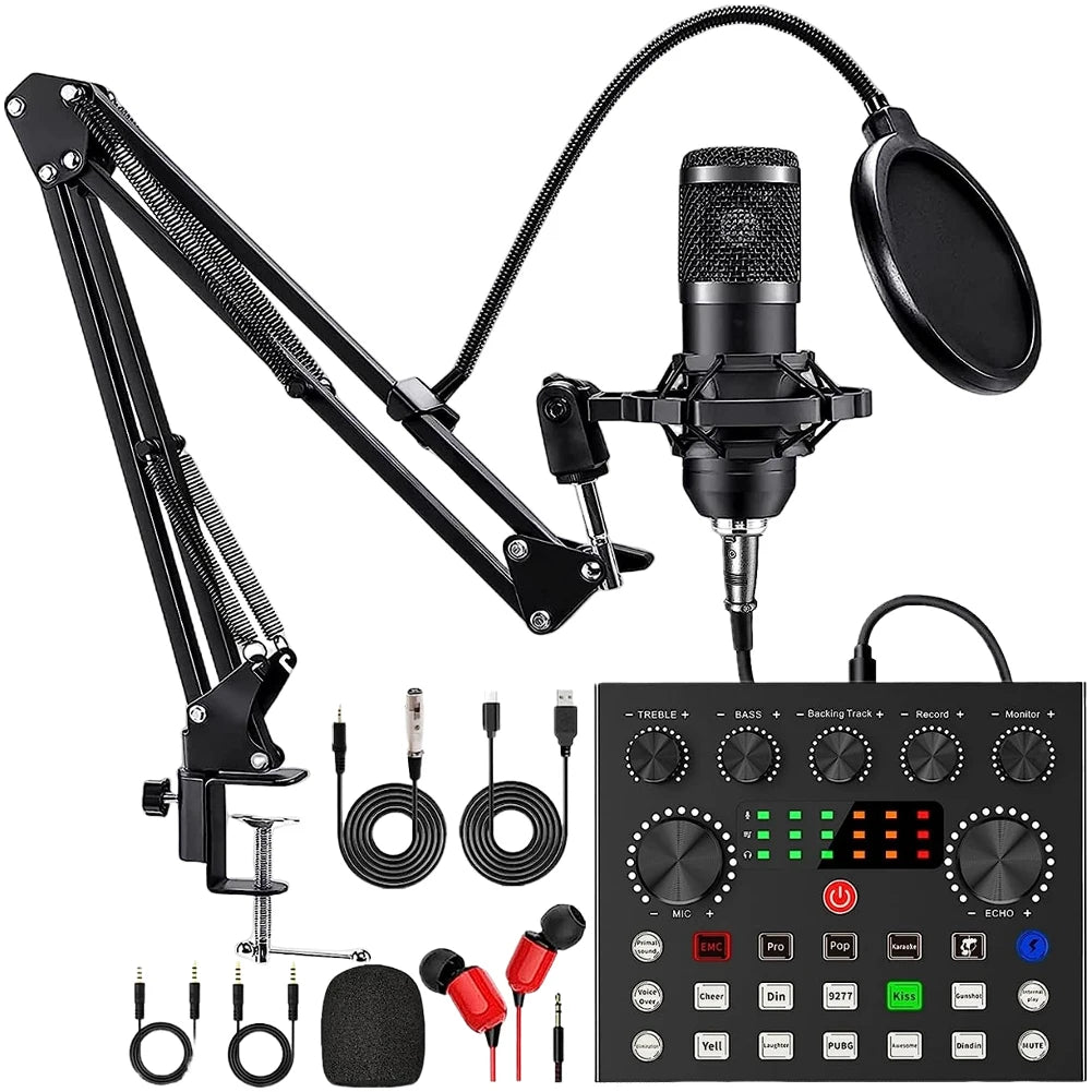 Podcast Microphone Bundle with BM800 Microphone and V8 Sound Card Double-Layer Pop Filter for Laptop Streaming/Live Broadcast