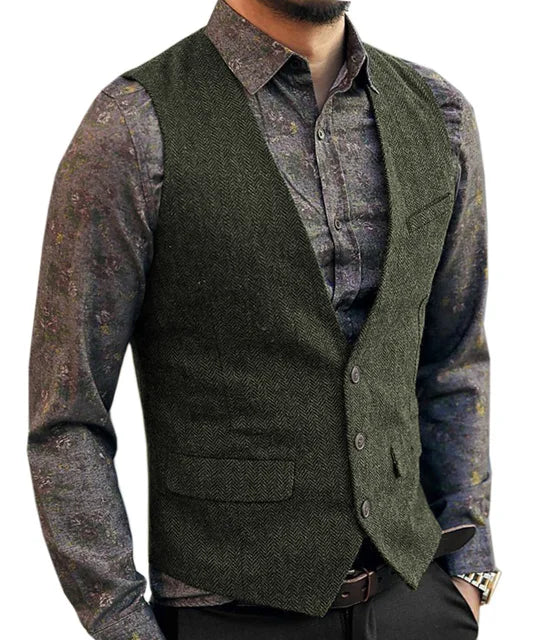Deep V-Neck Suit Vests  Classical Formal  Business Herringbone  Wood Waistcoat Slim Fit Men's Vest For Wedding