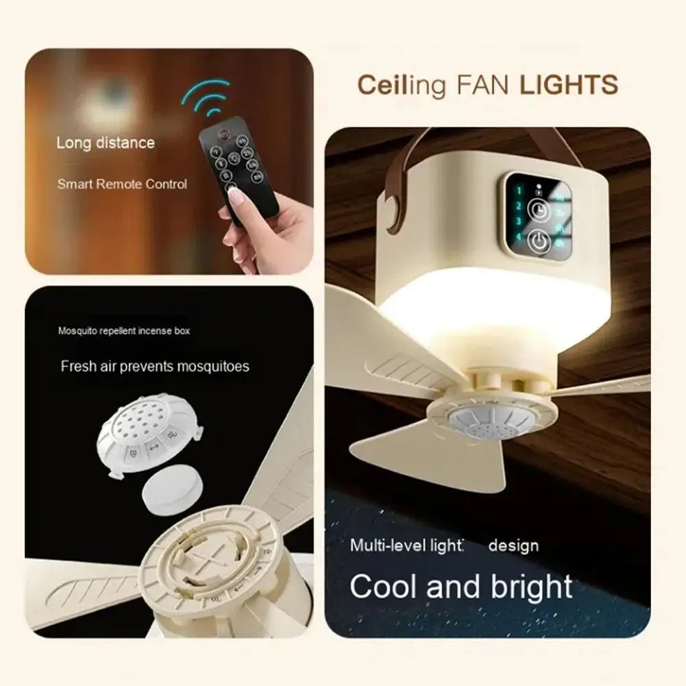 New Portable Rechargeable Ceiling Fan Wireless USB Hanging Fan With Timed remote control for Students Dorm Bed Outdoor Camping