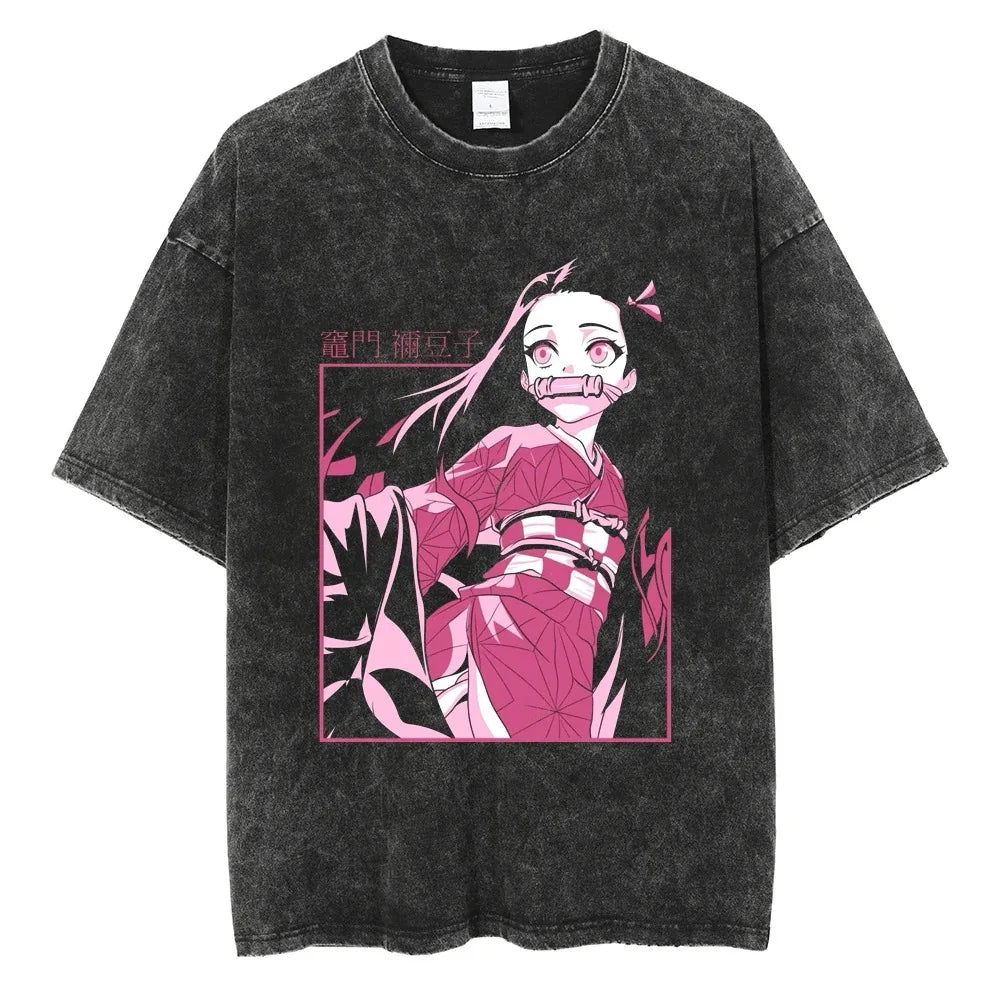 Hot Anime Demon Slayer Kokushibo Graphic T-Shirt Men Women Manga Tshirts Washed Cotton T Shirt Harajuku Unisex Vintage Top Tees