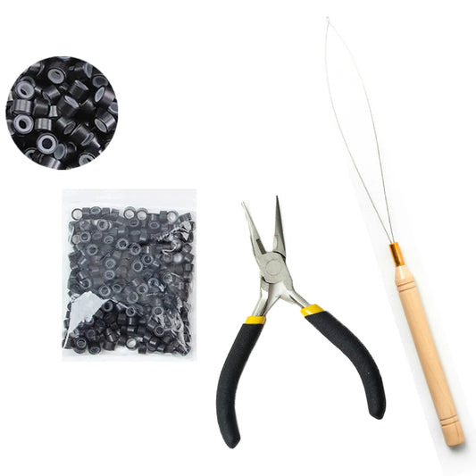 Wig installation kit includes hair extensions pliers, Beading tool and 250pcs silicone rings for hair extension accessories