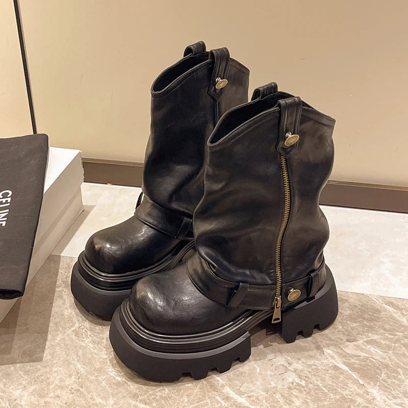 Designer Vintage Women Ankle Boots Fashion Slip On Knight Short Booties Ladies Casaul Platform Heels Botas Mujer