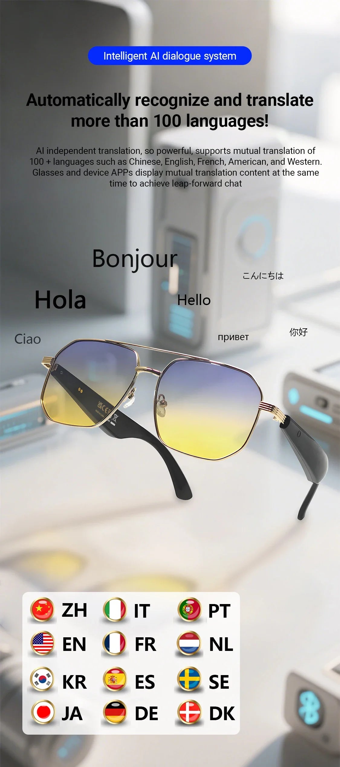 GY300 smart glasses Intelligent WirelessTranslation Glasses Sunglasses Voice Remote Control Music Eyewear Waterproof Eyeglasses