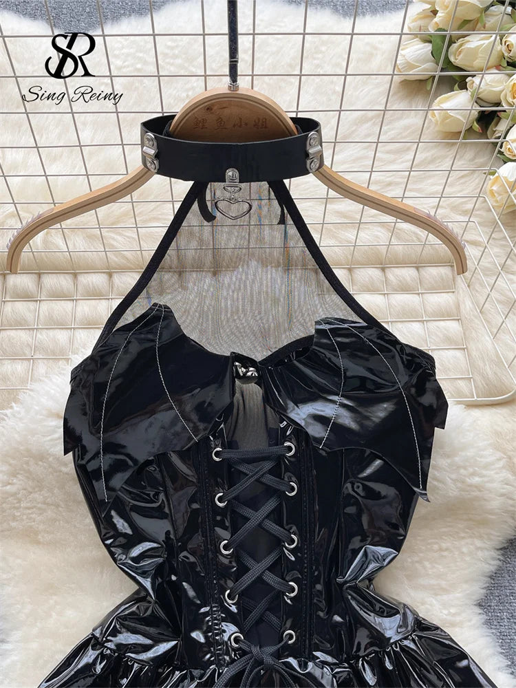 SINGREINY Women Pu Leather Sensual Dress Halter Lace Up A Line Sexy Nightdress+Thongs Sheer Backless Mini Porn Nightwear