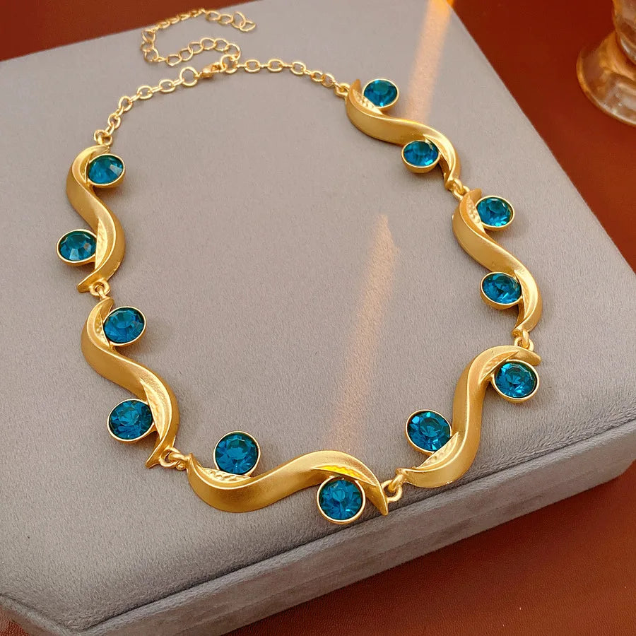 1/2 Pcs Unique Round Wave Long Earrings Blue Rhinestone Adjustable Chain Necklace Bohemian Women Fashion Jewelry Set Vacation N