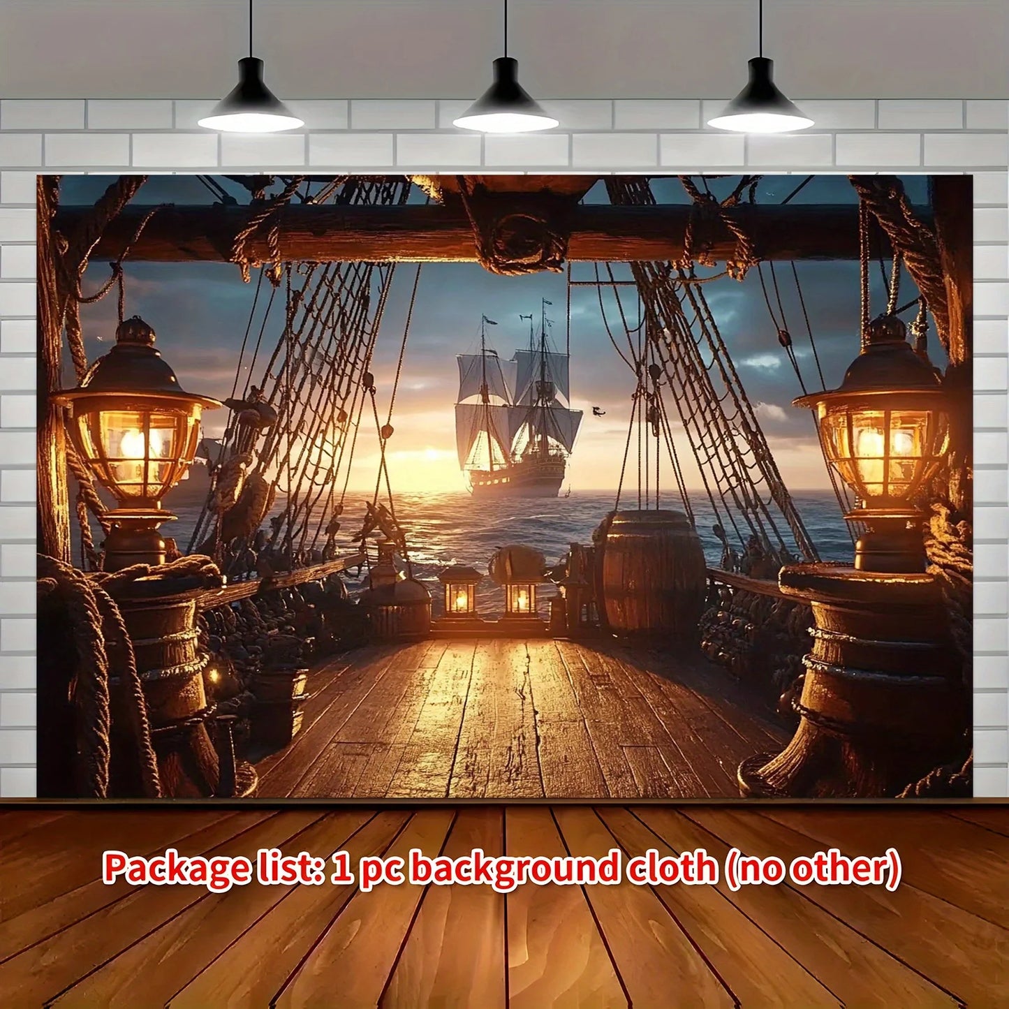 1 golden dusk pirate ship sailing scene background cloth, retro-style party banner, outdoor decoration