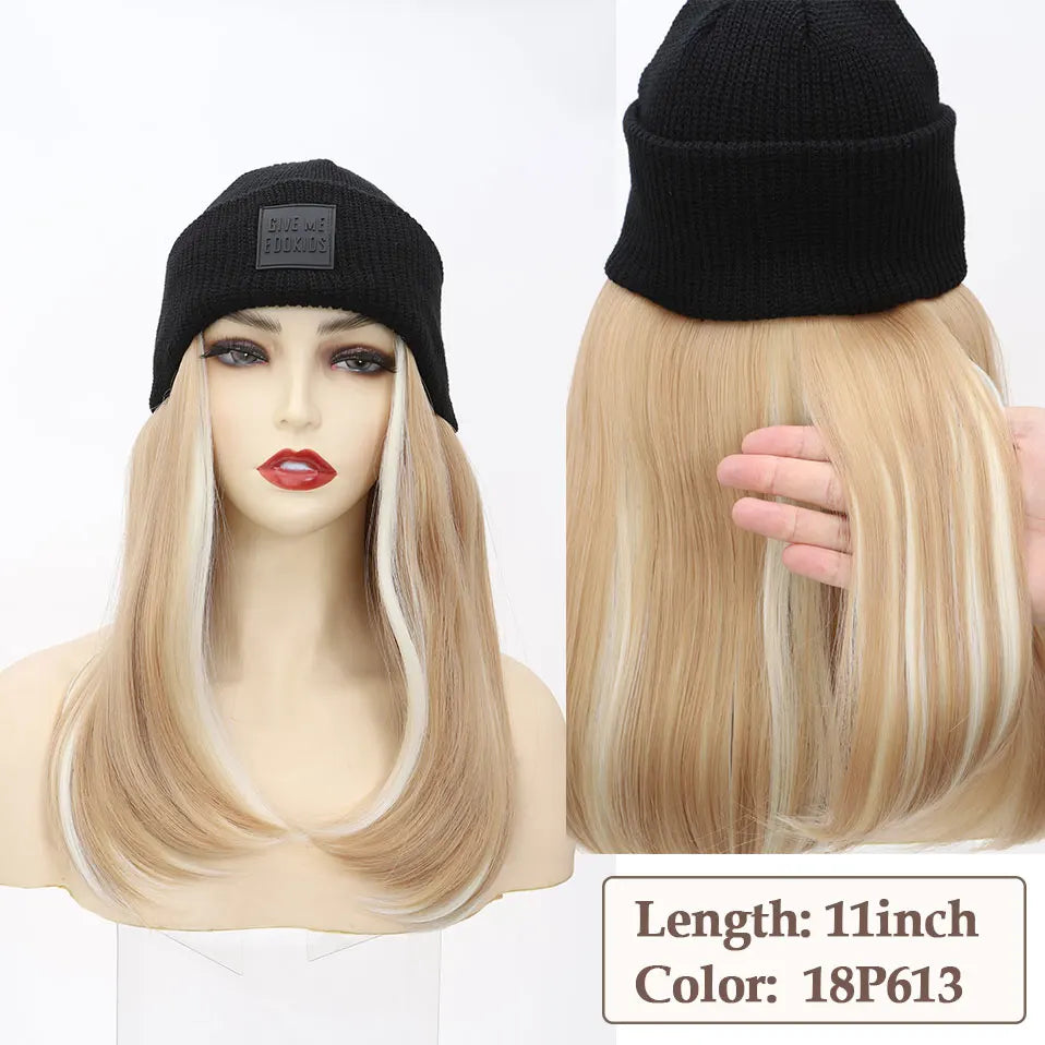 Hat Wig Knitted Beanie Wig Hat Hair Extension Straight Wig Hat Attached 11 Inch Synthetic Hairpiece for Women Girls Winter