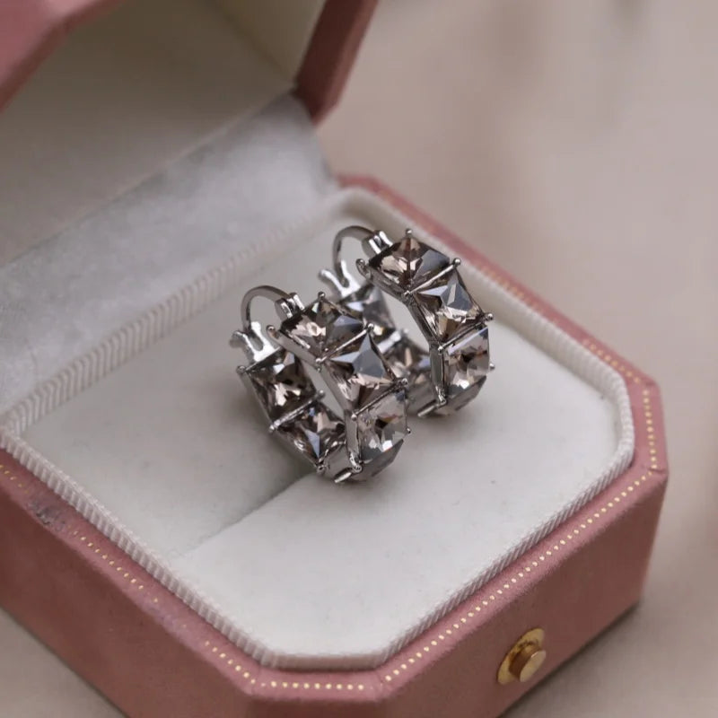 2025 Korean new design fashion jewelry luxury square blue crystal hoop earrings elegant women's daily work accessories