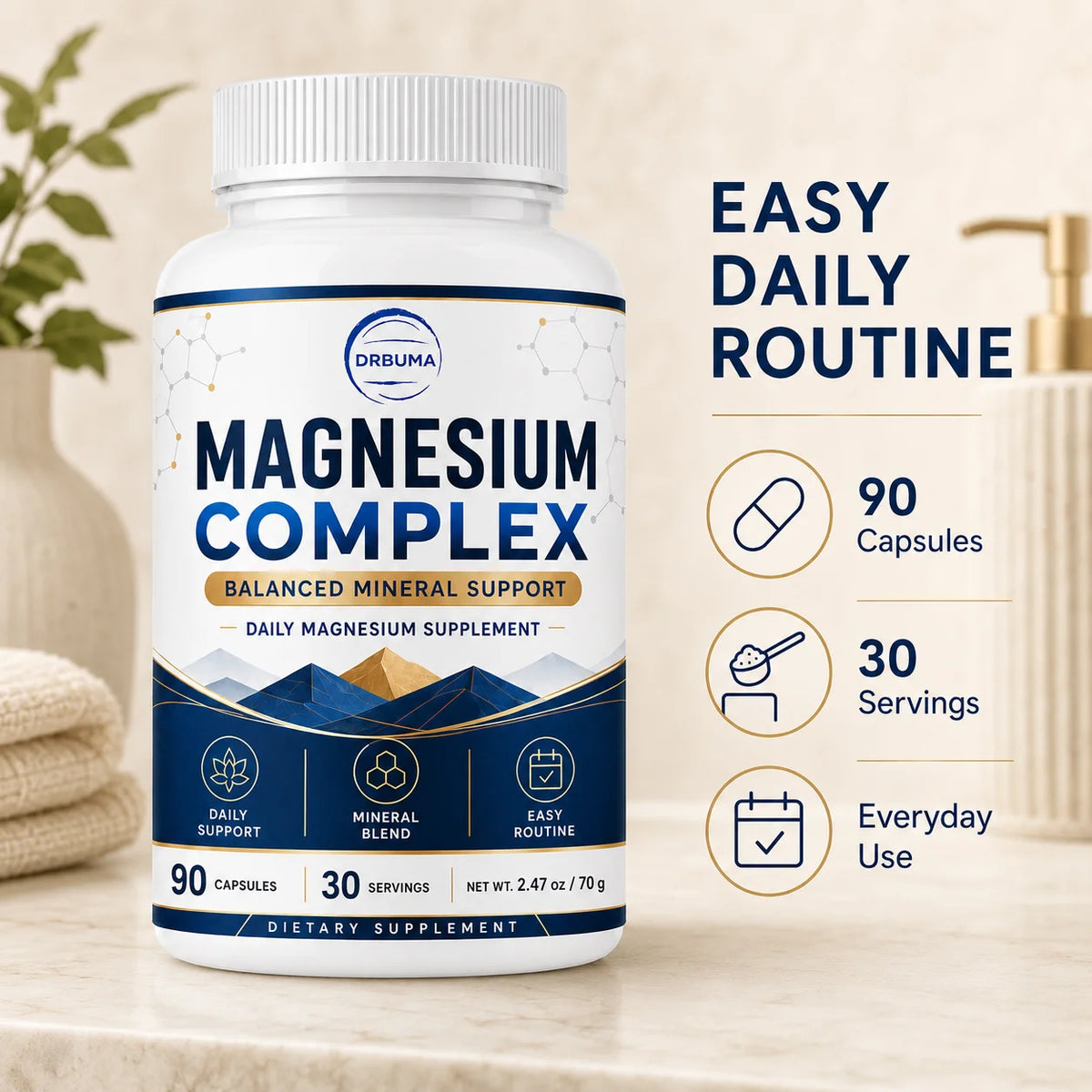 90-Count Magnesium Complex Capsules, Daily Dietary Nutritional Supplement for Adults, Large-Capacity Bottle with 30 Servings, Easy Daily Intake, Easy-to-Swallow Capsules, Ideal Choice for a Healthy Lifestyle
