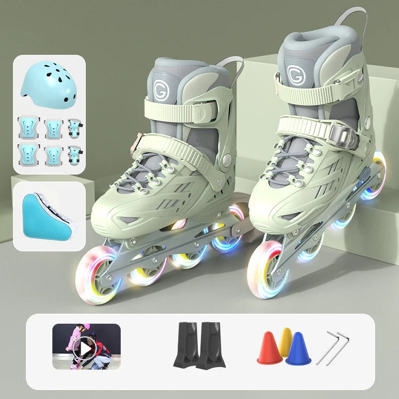 4 Wheels Flashing Inline Skates with Full Protective Gear Set Helmet Knee Pads Elbow Pads Carry Bag Adjustable Size for Boy Girl