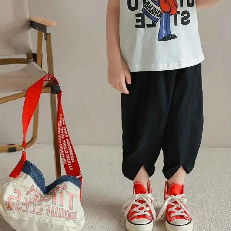 Boys And Girls Pants Japanese Korean Style Casual Loose Lantern Trousers Cropped Pants Summer Fashionable Children's Clothing