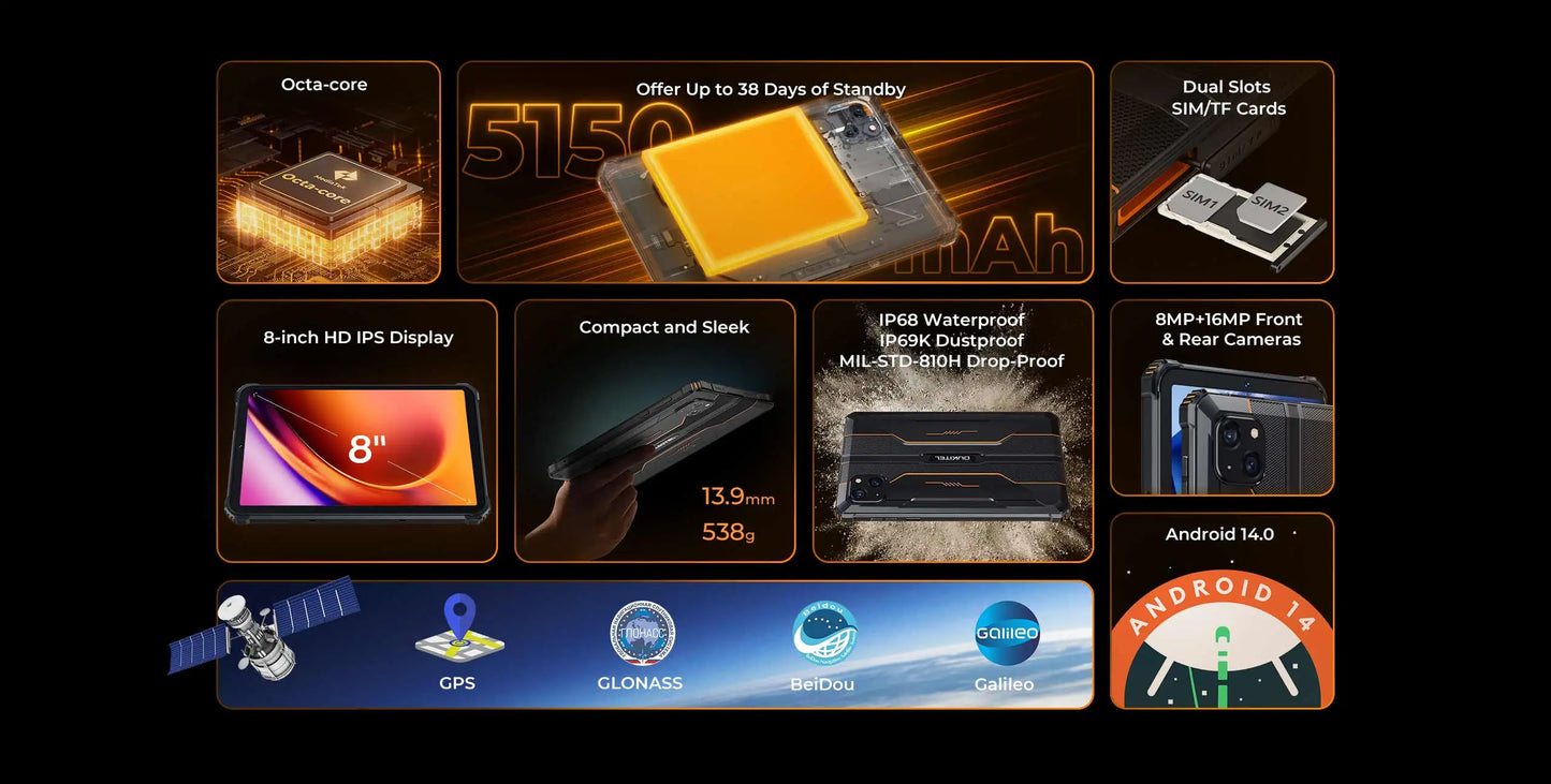 NEW OUKITEL RT3 PRO 4G Rugged Tablet 8 Inch HD Display 16(4+12)GB +128GB Waterproof Tablet Pad 5150mAh Android 14.0 Tablet PC