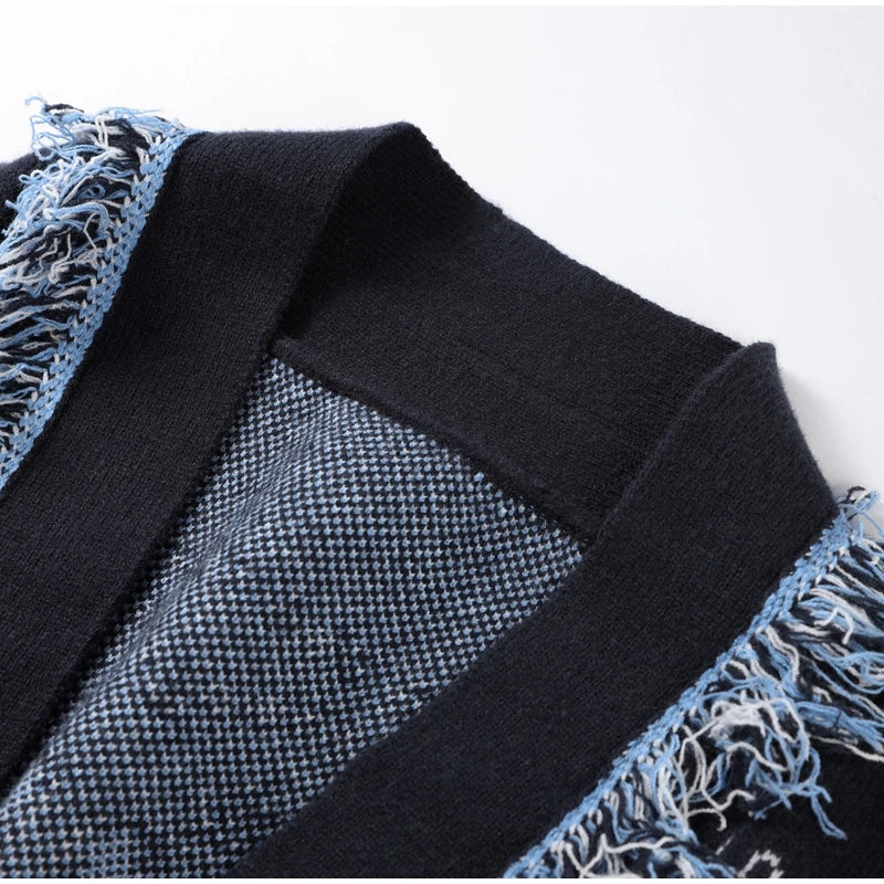 Women's Print Fringe Knitted Vest Coat Fashion Sleeveless Tie Waist Pocket Cardigan Sweater Lady 2025 Autumn Casual Outerwear