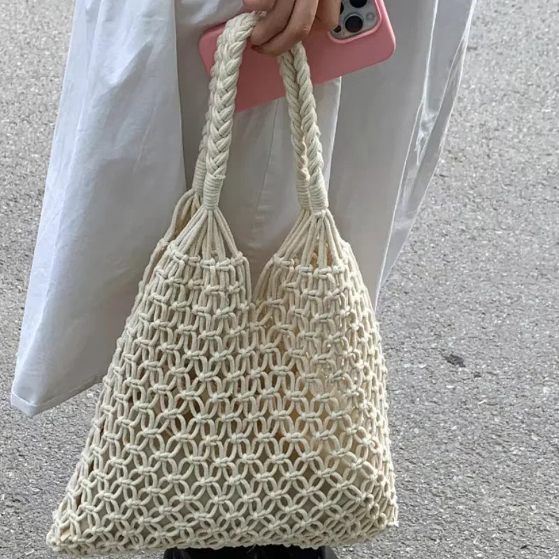 Fashion Crochet Bags for Women Summer Beach Tote Bag Raffia Aesthetic Totes Straw Handbag Bohemian Boho Woven Knit Shoulder Bag