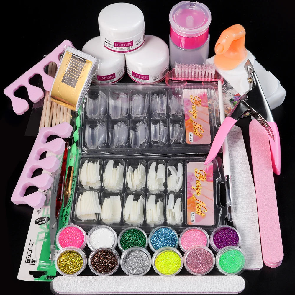 Nail Acrylic Powder and Liquid Monomer Nails Art Decoration For Manicure Set Kit Crystal Nail Glitter 3D Nail Tips Carving Tools