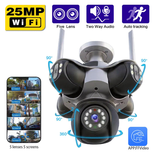 25MP 4K Wifi Panoramic Security Camera Outdoor 5 Lens 5 Screens Auto Tracking Wireless PTZ CCTV Video Surveillance Camera
