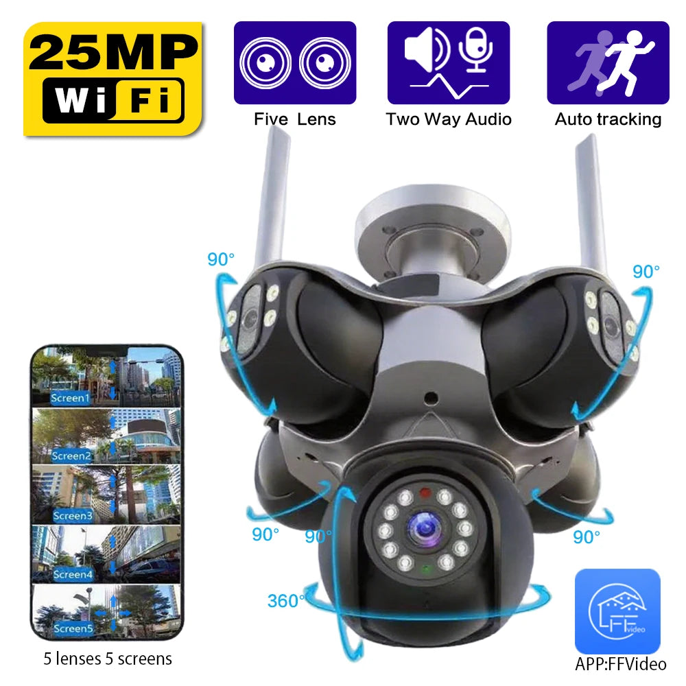 25MP 4K Wifi Panoramic Security Camera Outdoor 5 Lens 5 Screens Auto Tracking Wireless PTZ CCTV Video Surveillance Camera