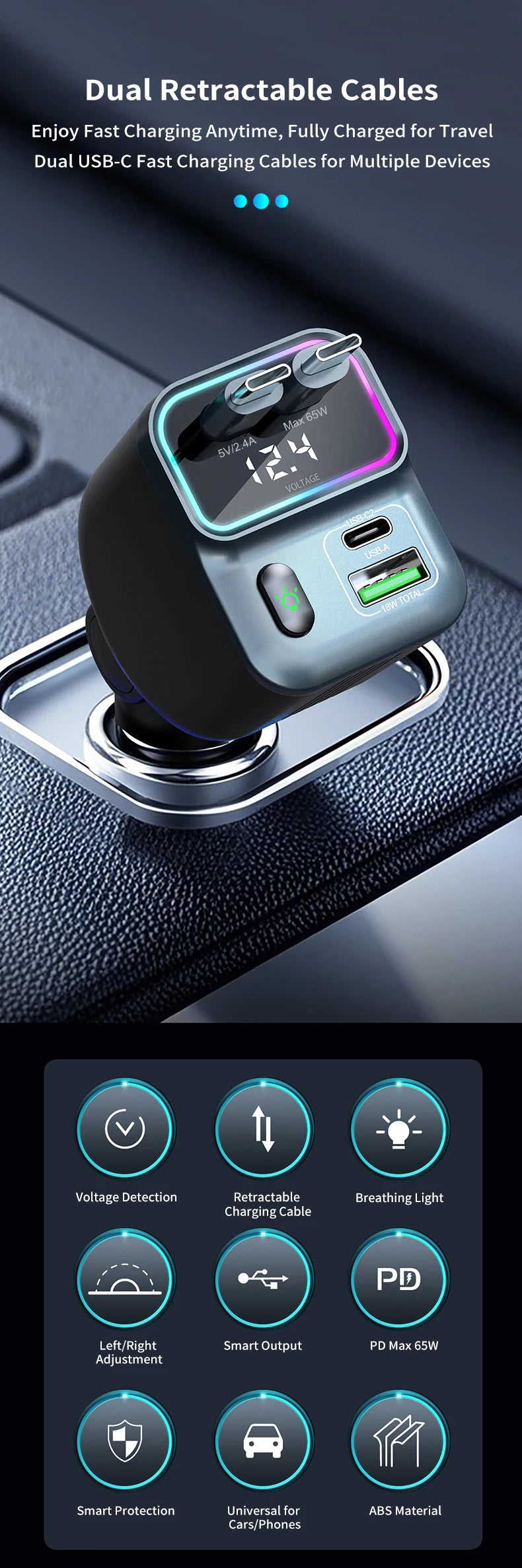 Scalable Car Charger 4in1 Fast Charging Car Charger with 72W Retractable Cable and PD65W USB Port Compatible with Type-C Adapter