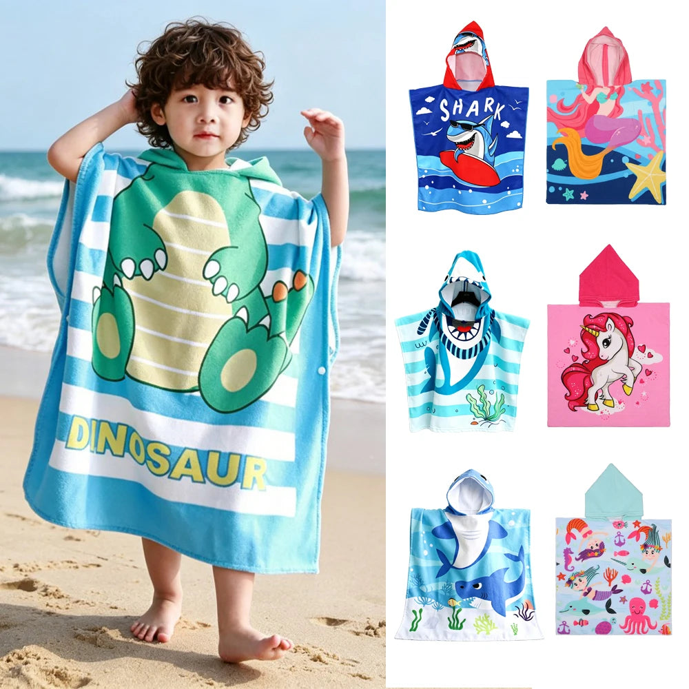 60-120cm Kids Hooded Bath Beach Poncho Towels Baby Quick Dry Bathrobe Child Cartoon Cloak Poncho Towels Microfiber Swim Cover-up
