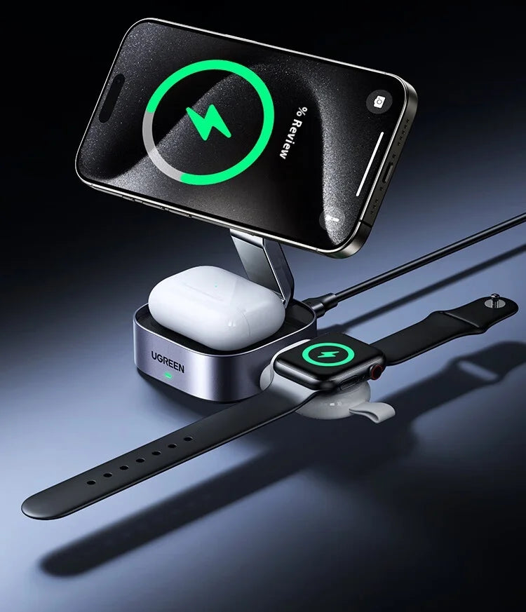 UGREEN Qi2 25W Magnetic Wireless Charger Stand Magsafe Fast Charger 2-in-1 Charging Stand For iPhone 16Pro 15 Pro Max/AirPods
