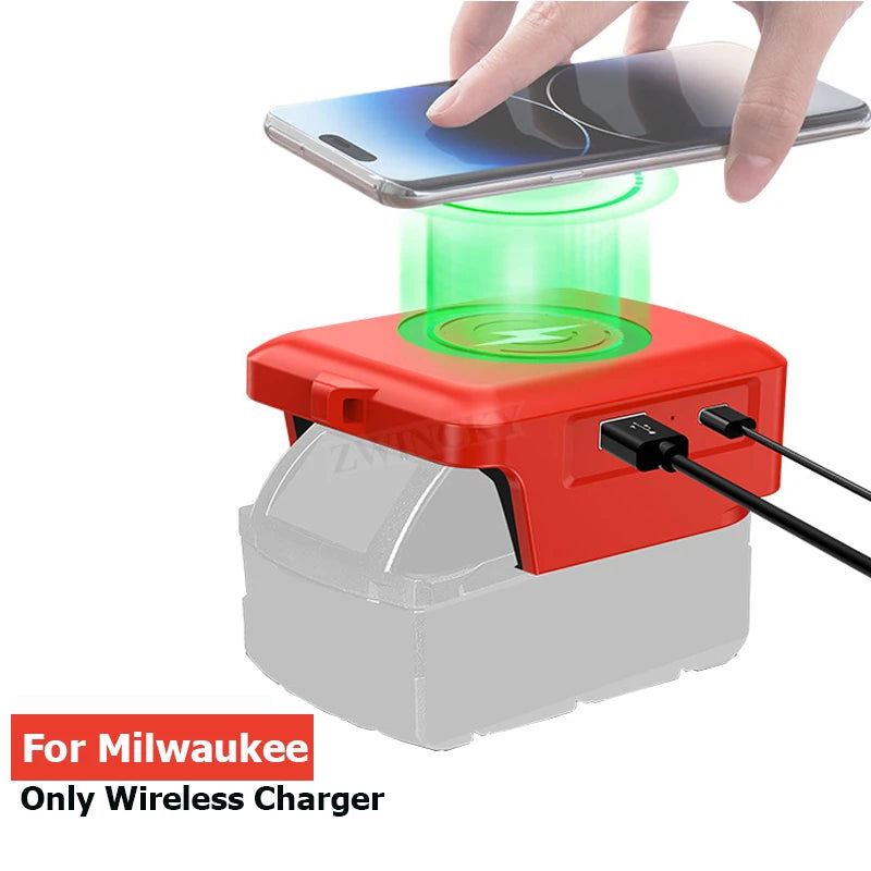 Wireless Charger Adapter for Milwaukee 18V Battery 15W Wireless Charging Adapter for Cell Phone with USB USB-C 2.1A Fast Charge