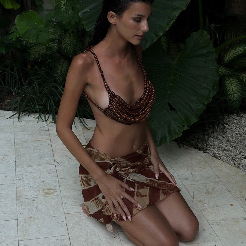 2026 New Arrival Women Brown Hand-beaded Bra Top Bikini Cover Up Statement Body Chain Wooden Beaded Top