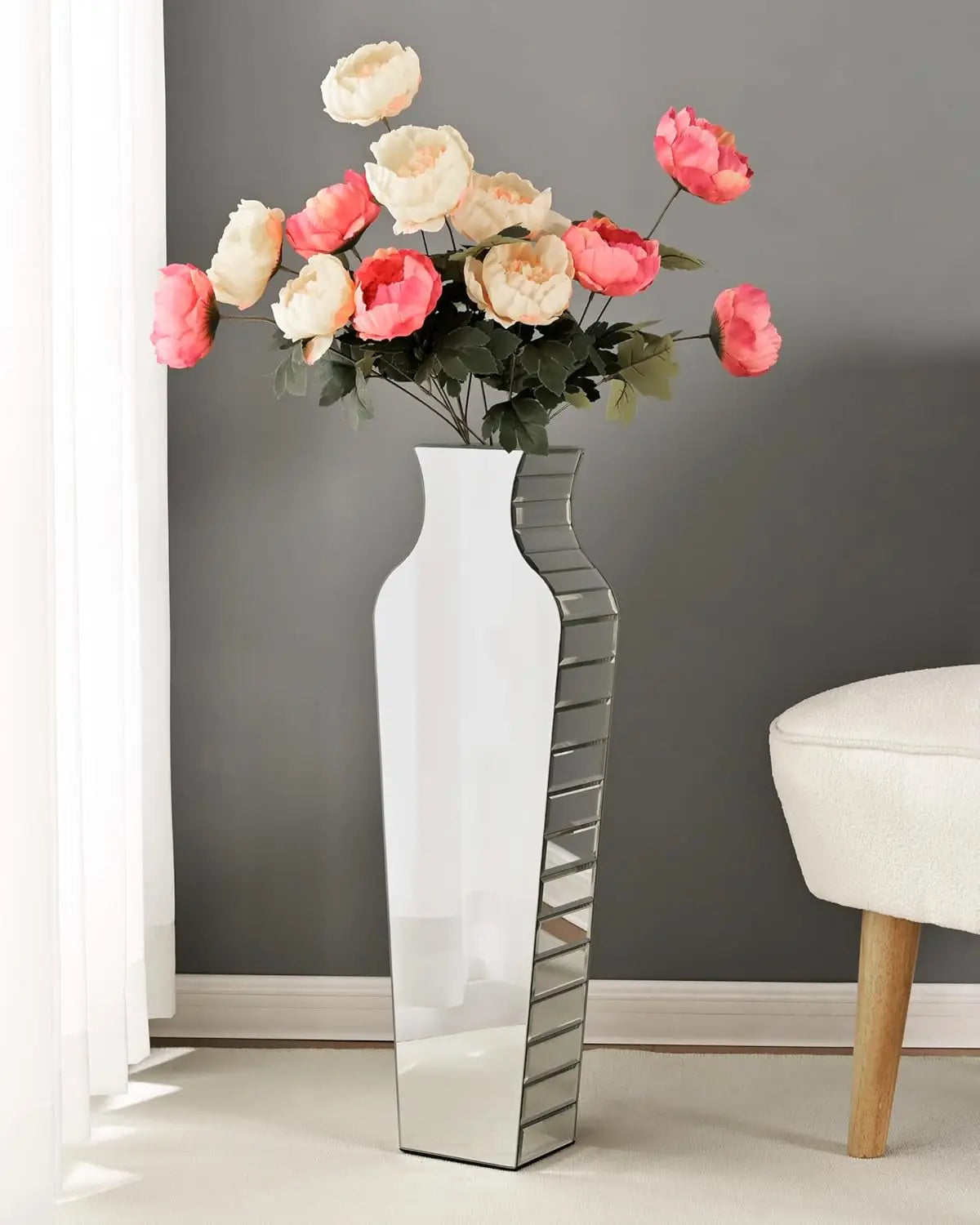Tall Crushed Diamond Floor Vase Large Silver Mirror Vases for Decor Living Room Floor, Luxury Container for Dried Flower