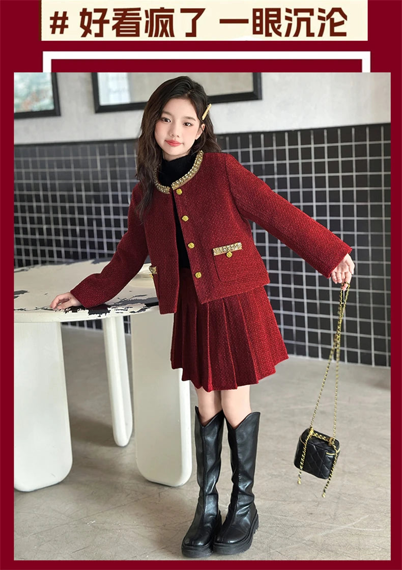 design winter teen girl clothes set beaded round neck jacket+Pleated skirt 2pcs Christma junior children outfit kids suit 4-14