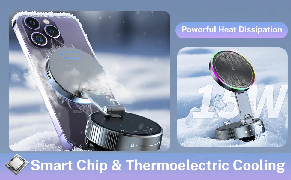 Cooling Wireless Charger Car Phone Holder with Breathing RGB Light Magnetic Suction Cellphone Bracket  for iPhone 12/13/14/15/16