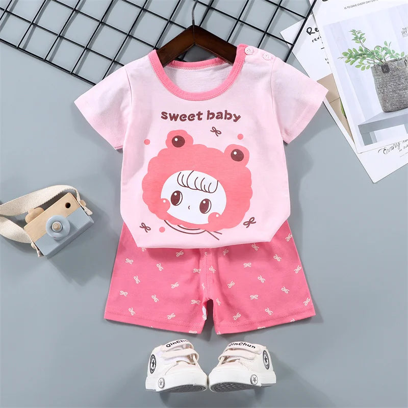 Girls Outfit Children Clothes Sets Baby Bow Tie Suit Boys Short-Sleeved T-Shirt Shorts 2 Pieces Kids Summer New Thin Costume