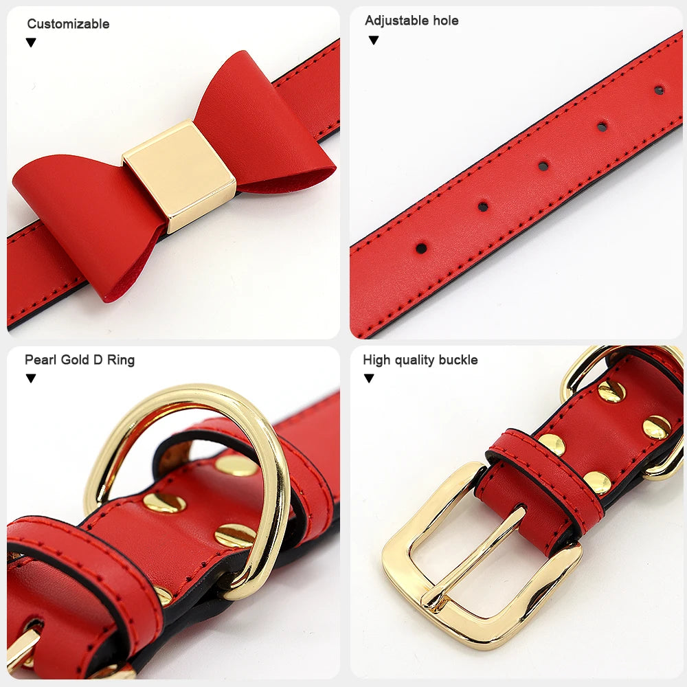 Cute Bowknot Custom Dog Collar PU Leather Puppy Dog Collars Adjustable Pet Cat Necklace With Bow tie for Small Medium Large Dogs