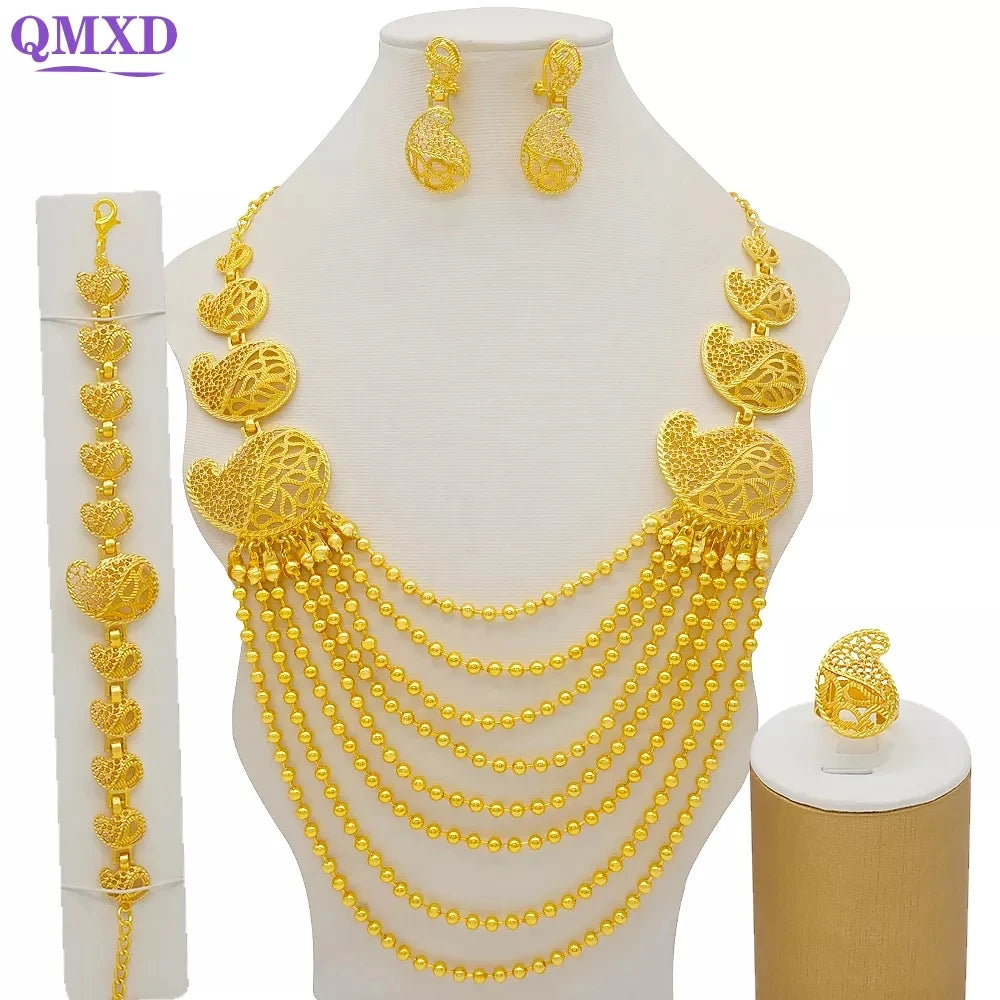African Gold Color Long Necklace/Earrings/Ring Big Jewelry Set Women Arab Jewelry Wedding Accessories