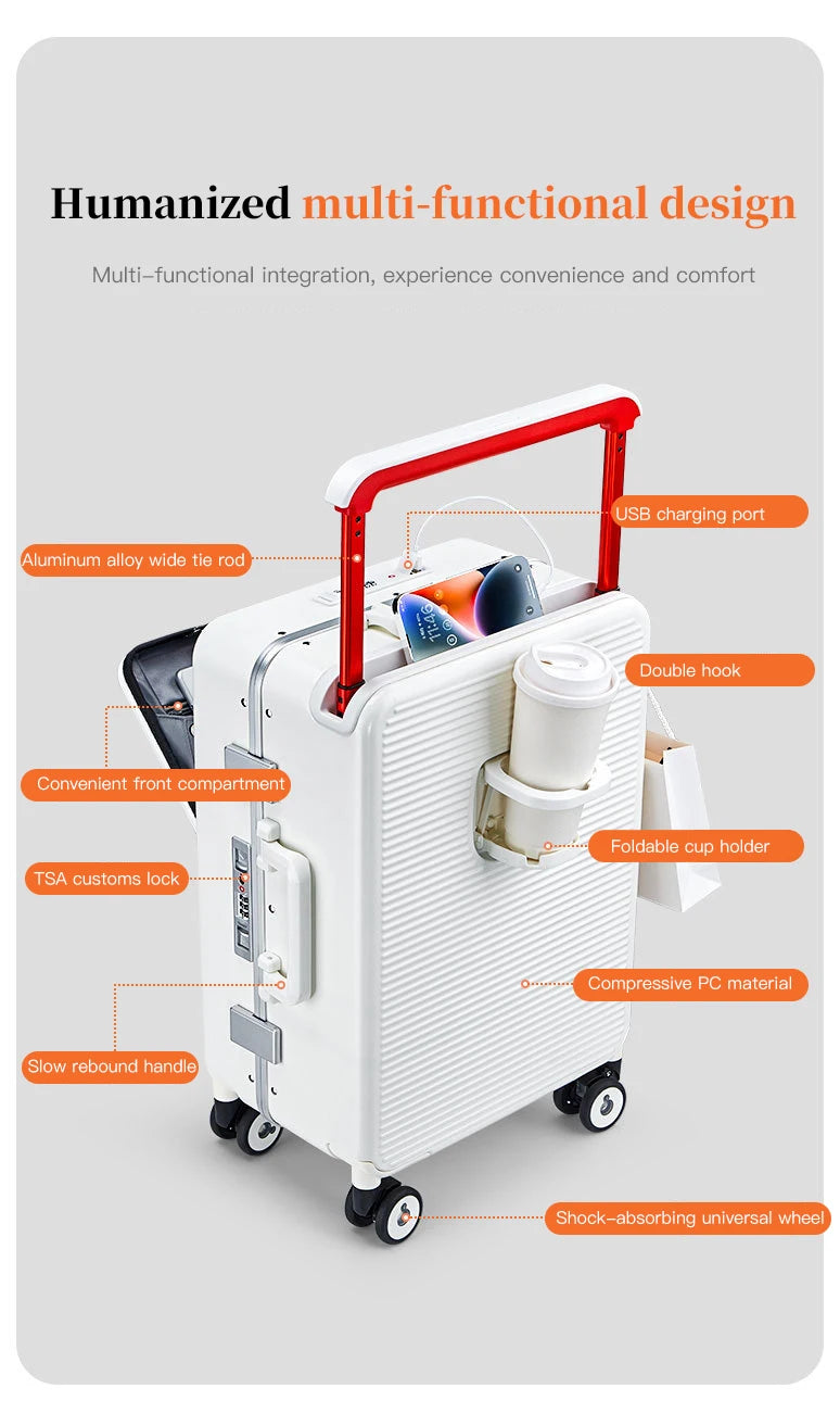 24-inch luggage with an aluminum frame, wide pull rod and front opening, as well as a high-value 20-inch travel suitcase (pull r
