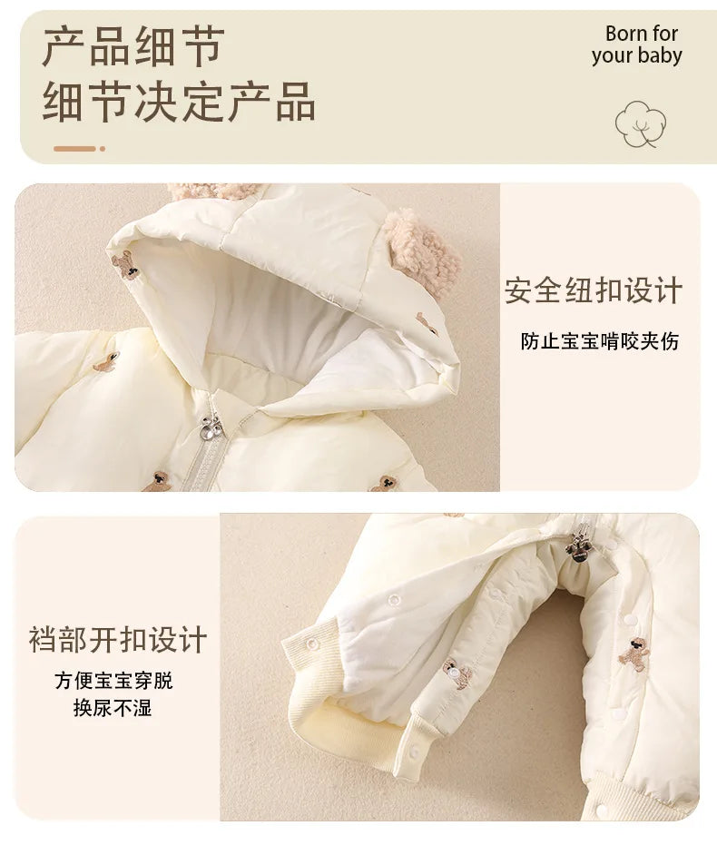 AYNIGIELL Winter Baby Jumpsuit Thick Warm Infant Hooded Inside Fleece Rompers Newborn Boy Girl Overalls Outerwear Baby Sets