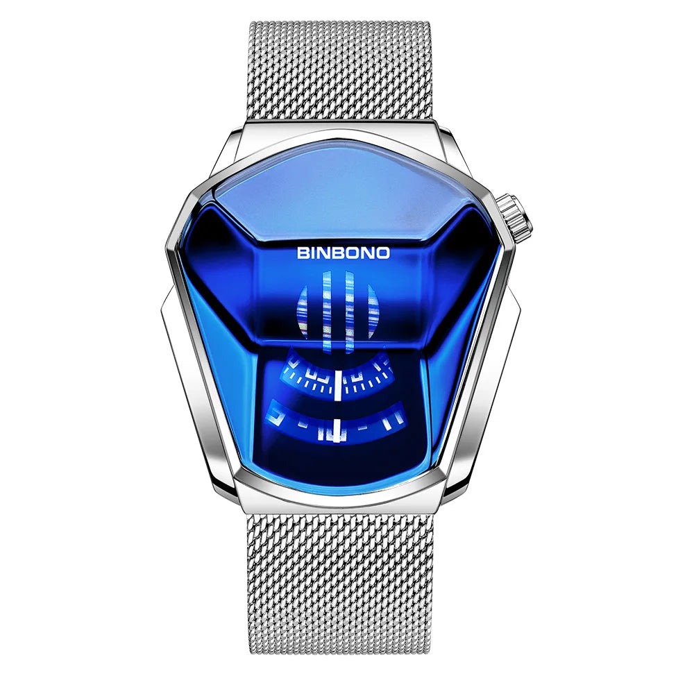 BINBOND Men Popular Fashion Motorcycle Concept Quartz Watch Luminous Steel Band Mesh Watch Touch Screen black technology watch