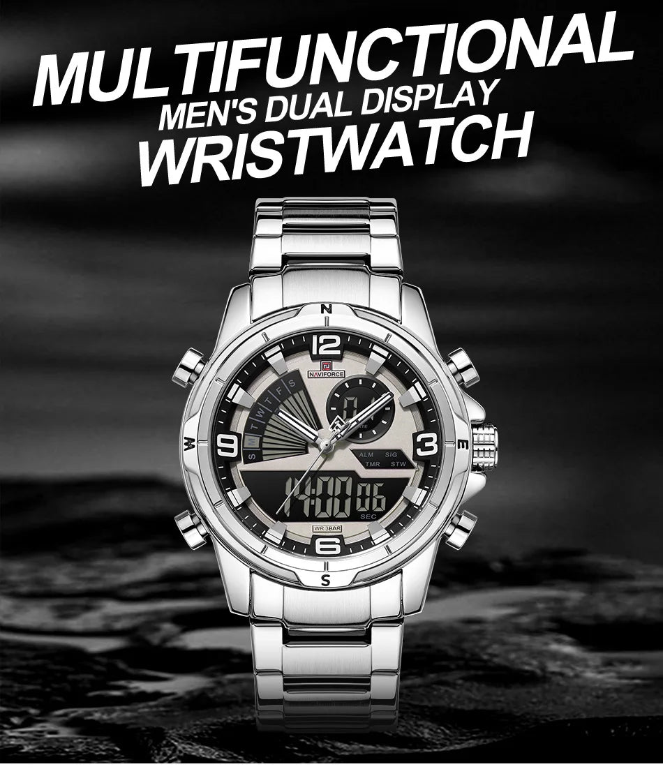 NAVIFORCE Men's Watch 3ATM Waterproof Multifunctional Dual Display with Date Stainless Steel Strap Luxury Business Wristatch