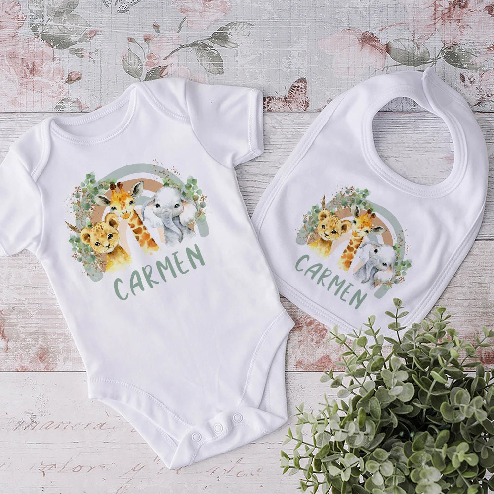 Personalized Matching Baby Bib & Romper Custom Name Animal Rainbow Printen Newborn Bibs Bodysuit Set Infant Shower Gift 2 Pcs