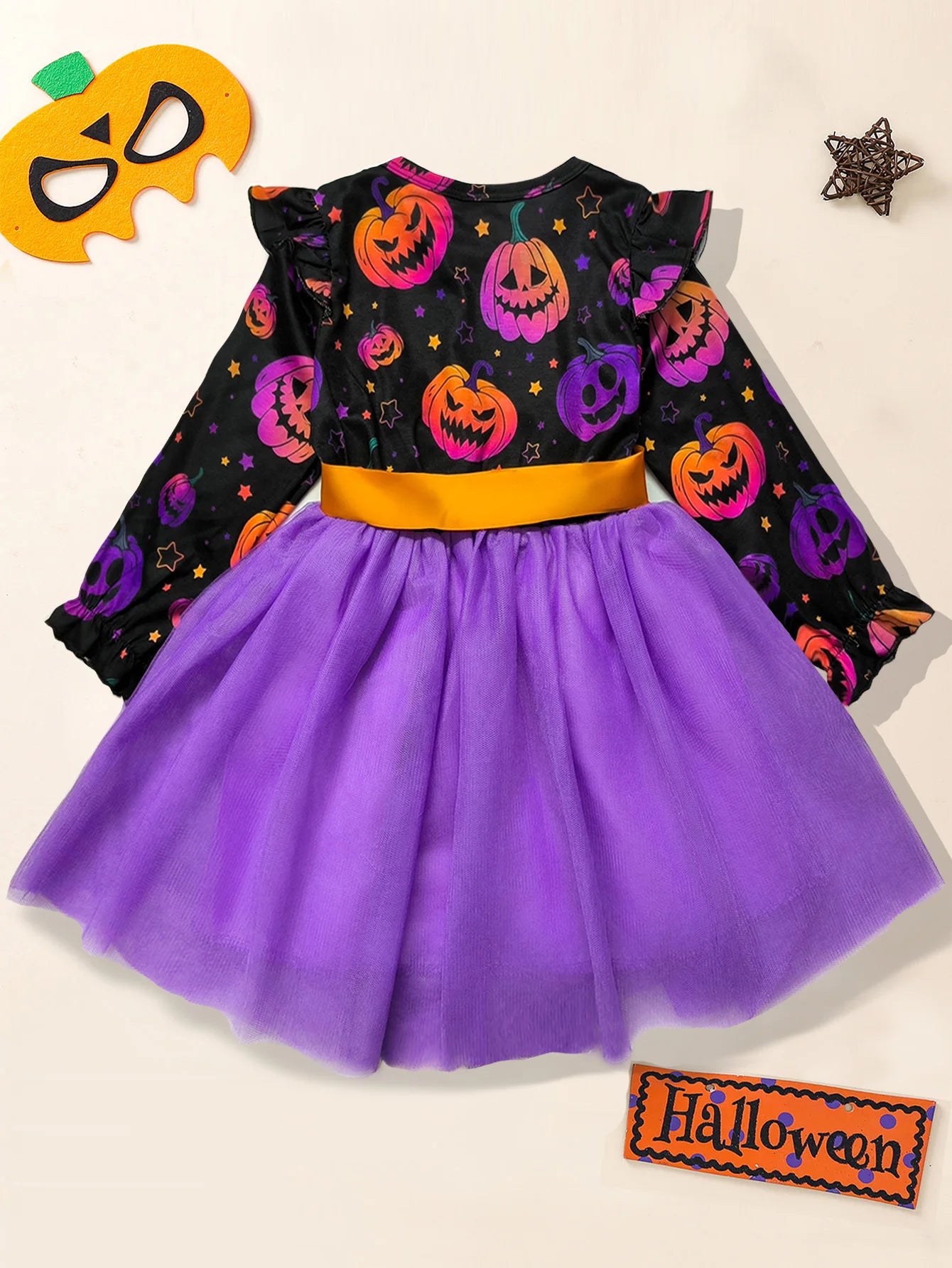 Girl Halloween Dress Pumpkin Ghost Face Pattern Mesh With Ribbon Long Sleeved Girls Party Dresses 2-8 Children Halloween Costume